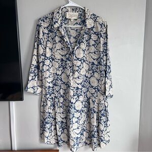 Rory Beca Silk Floral Shirt Dress Blue Cream M